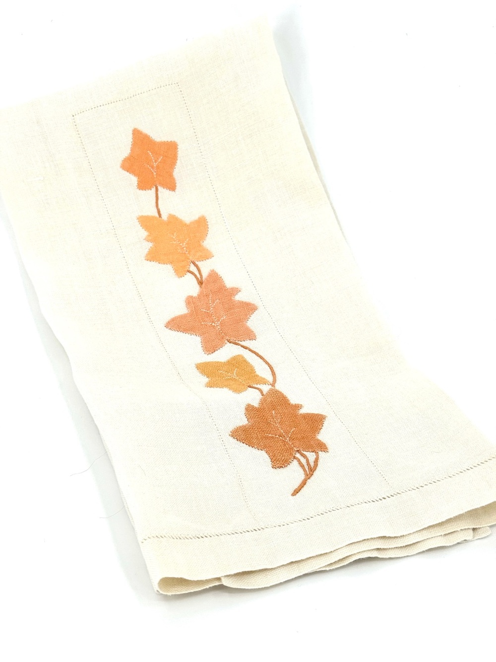 Vintage mid-century modern hand appliqué linen cotton tea towel autumn leaves